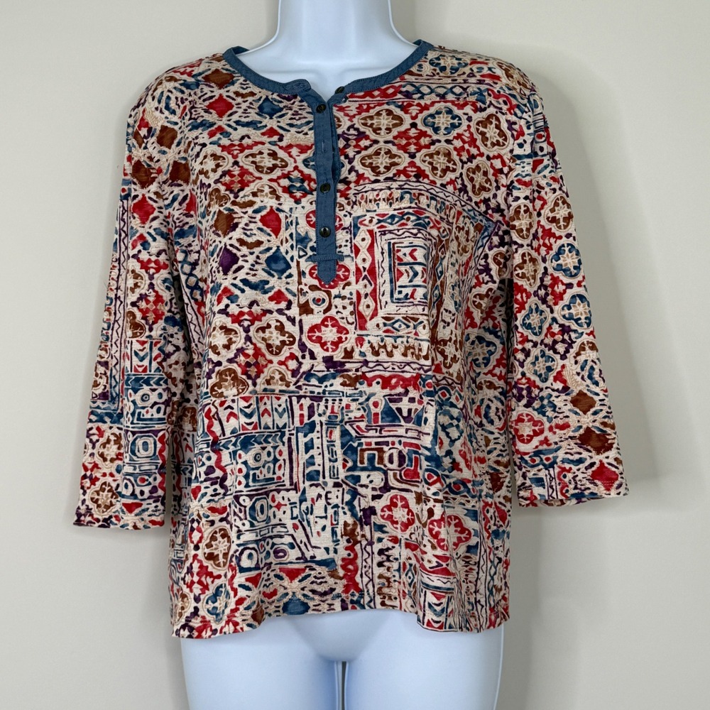 LRL Lauren Jeans Co Tops Women's 3/4 Sleeve Southwestern Henley Blouse Size PL‎